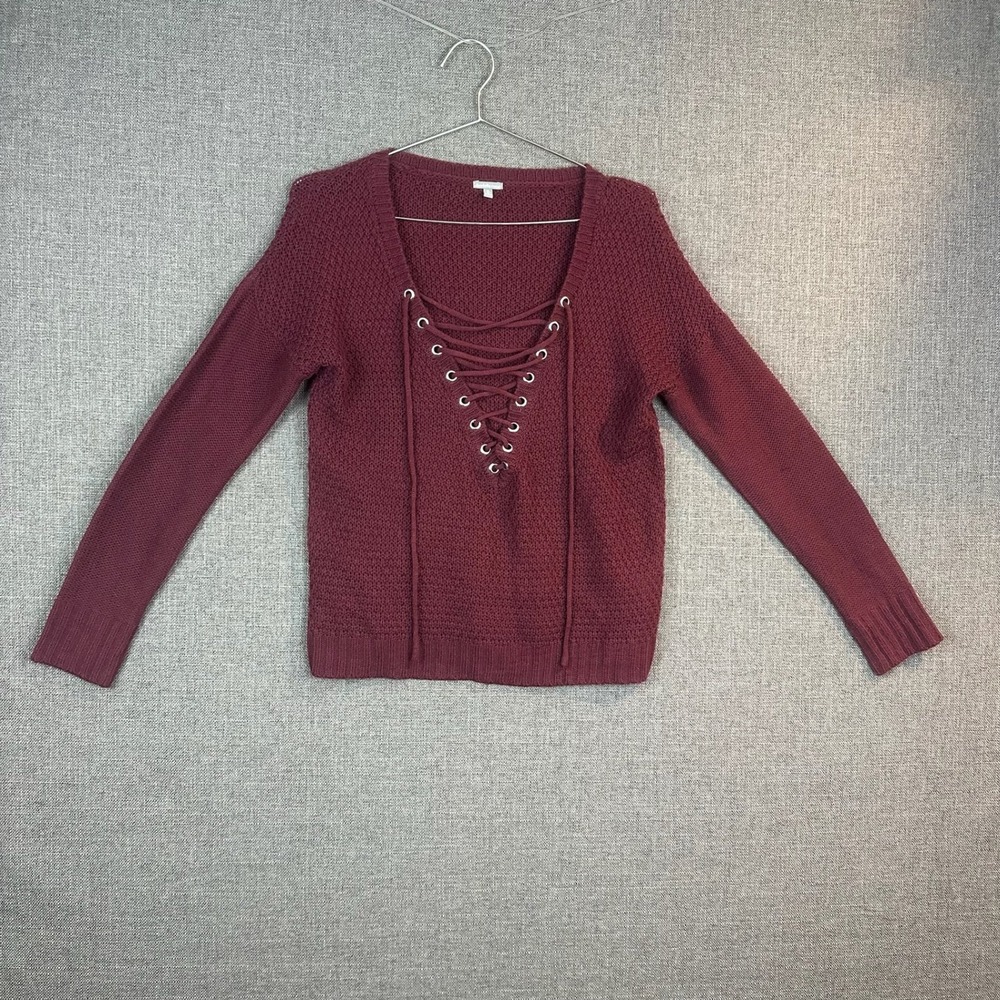Charlotte Russe Burgundy‎ Lace-Up Long Sleeve Knit Sweater Small